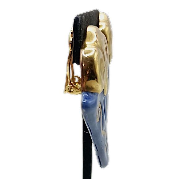 Geometric Abstract Earrings Clip On Terracotta Clay Handpainted Large Blue Gold - Picture 4 of 16